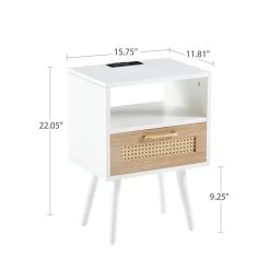 Rattan End Table With Power Outlet & USB Ports , Modern Nightstand With Drawer And Solid Wood Legs, Side Table For Living Roon, Bedroom, White White -Bedroom Furniture Shop 067011073bd8493a90a7e2573cc58c71