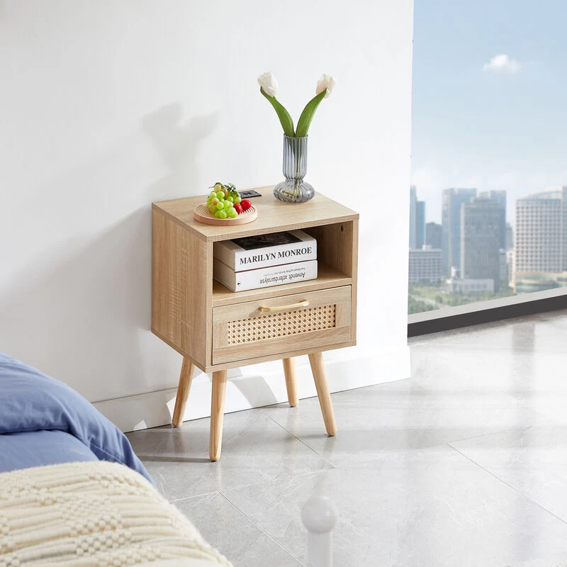 Rattan End Table With Power Outlet & USB Ports , Modern Nightstand With Drawer And Solid Wood Legs, Side Table For Living Roon, Bedroom,natural Natural 4 Rattan End Table With Power Outlet & USB Ports , Modern Nightstand With Drawer And Solid Wood Legs, Side Table For Living Roon, Bedroom,natural Natural - Image 2