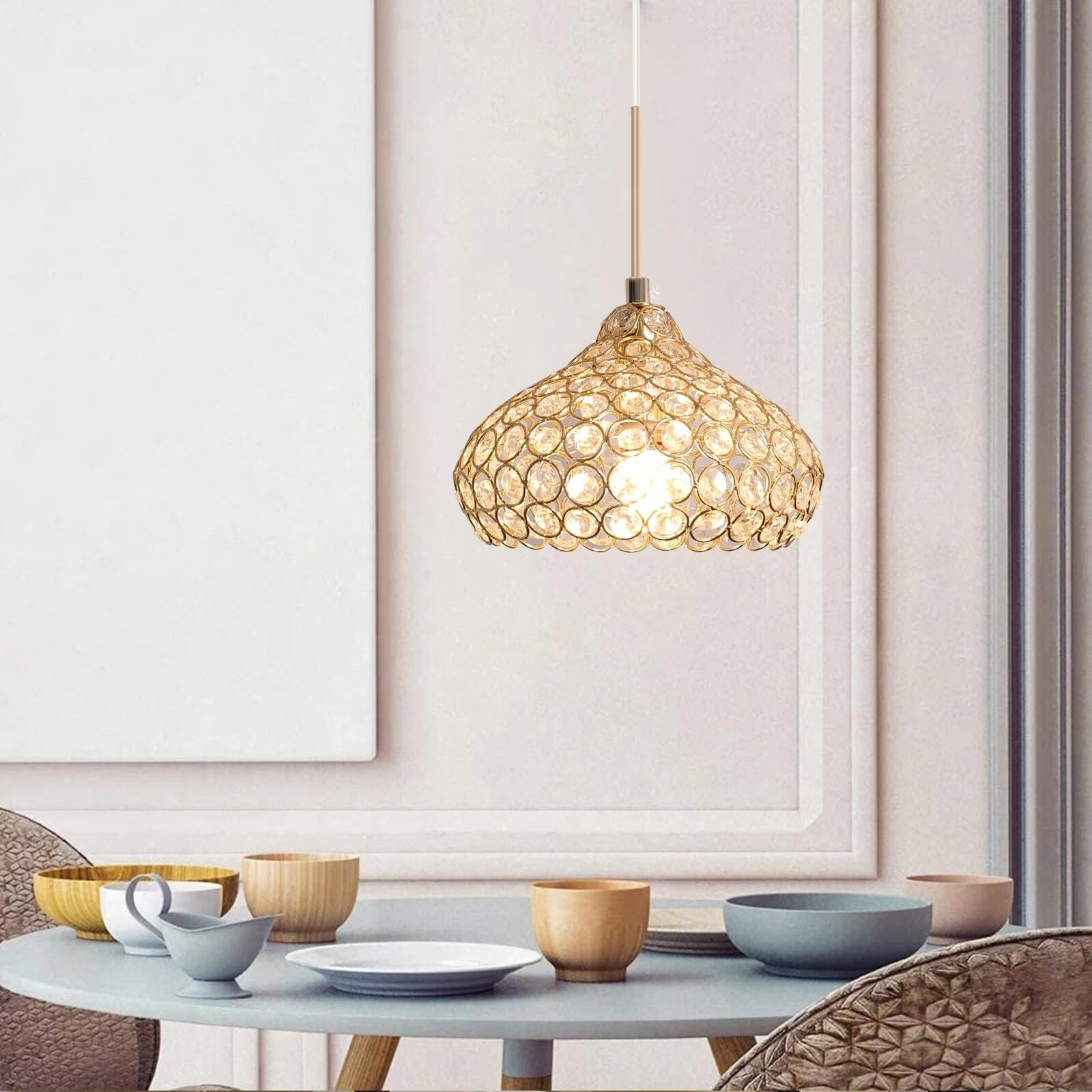 1-Light Crystal Ceiling Pendant Light Fixture For Dining Room Bedroom - 7.1x7.1" Lampshade 3 1-Light Crystal Ceiling Pendant Light Fixture For Dining Room Bedroom - 7.1x7.1" Lampshade