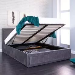 Plush Charcoal Ottoman Gas Lift Fabric Storage Bed