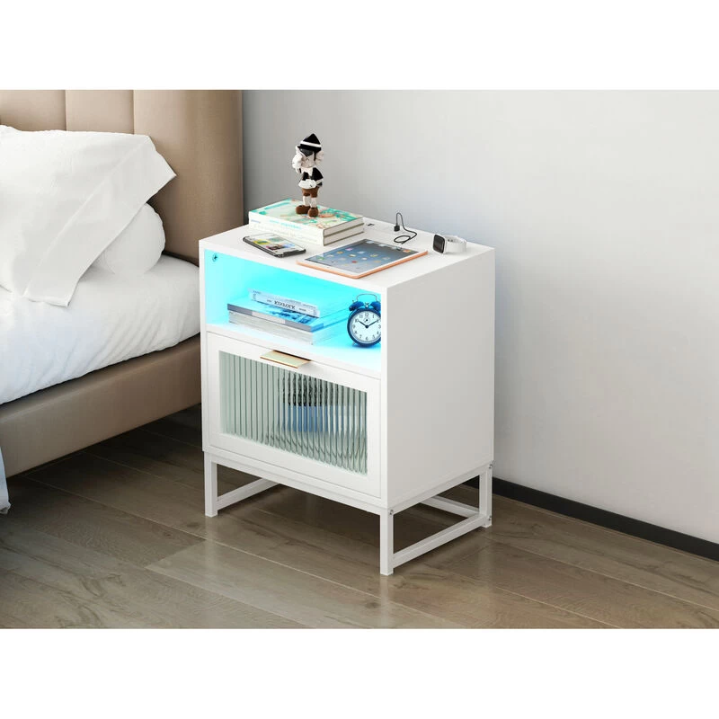 Nightstand With LED Lights / Drawer, White Bedside Table For Bedroom White 5 Nightstand With LED Lights / Drawer, White Bedside Table For Bedroom White - Image 3