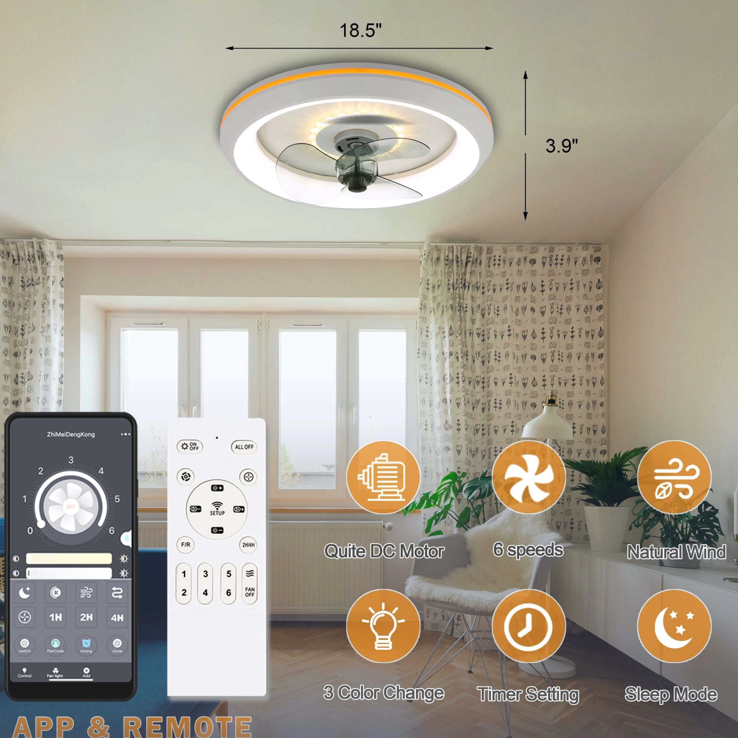 20" Modern Flush Mount Ceiling Fan App Control Ceiling Fan With LED Light Included 3 Color Tones And 6 Fan Speed For Bedroom 6 20" Modern Flush Mount Ceiling Fan App Control Ceiling Fan With LED Light Included 3 Color Tones And 6 Fan Speed For Bedroom - Image 4