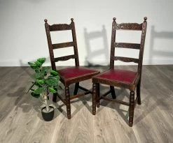 19th Century Pair Of Carved Bedroom Chairs / Hall Chairs In Oak