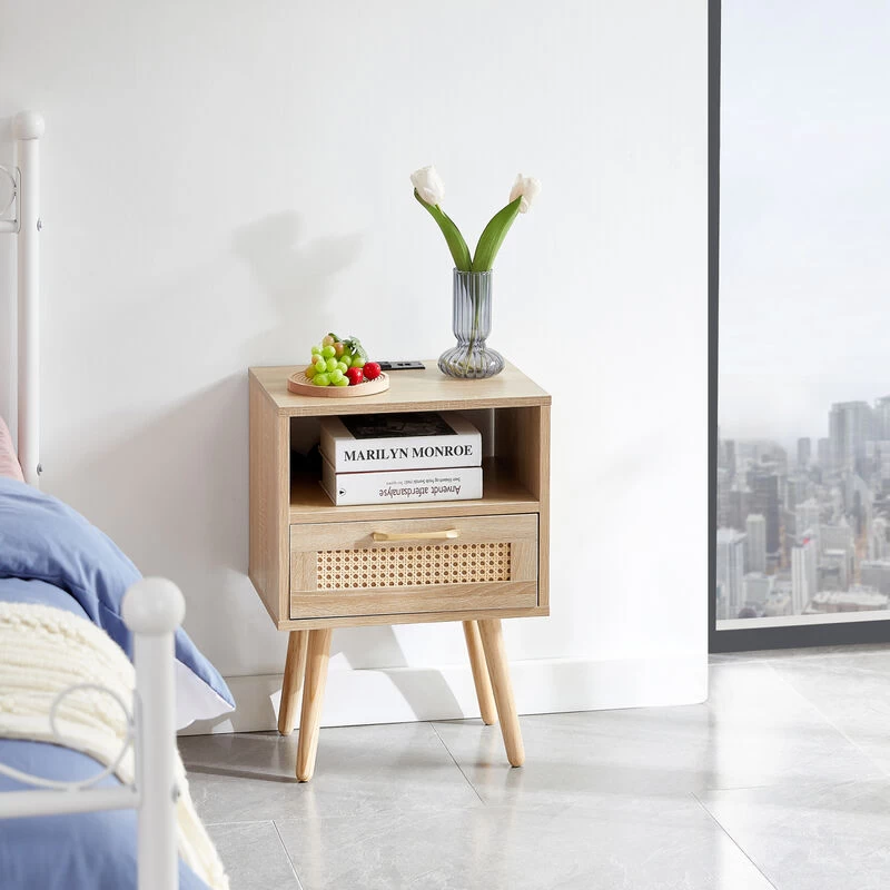 Rattan End Table With Power Outlet & USB Ports , Modern Nightstand With Drawer And Solid Wood Legs, Side Table For Living Roon, Bedroom,natural Natural 5 Rattan End Table With Power Outlet & USB Ports , Modern Nightstand With Drawer And Solid Wood Legs, Side Table For Living Roon, Bedroom,natural Natural - Image 3