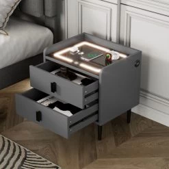 Nightstand With Wireless Charging Station,USB Charging And Adjustable LED Lights, Modern End Table With 2 Drawers For Bedroom,Gray -Bedroom Furniture Shop 1b4a2ae434eb49648283cef9cb26cda2