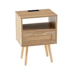 Rattan End Table With Power Outlet & USB Ports , Modern Nightstand With Drawer And Solid Wood Legs, Side Table For Living Roon, Bedroom,natural Natural