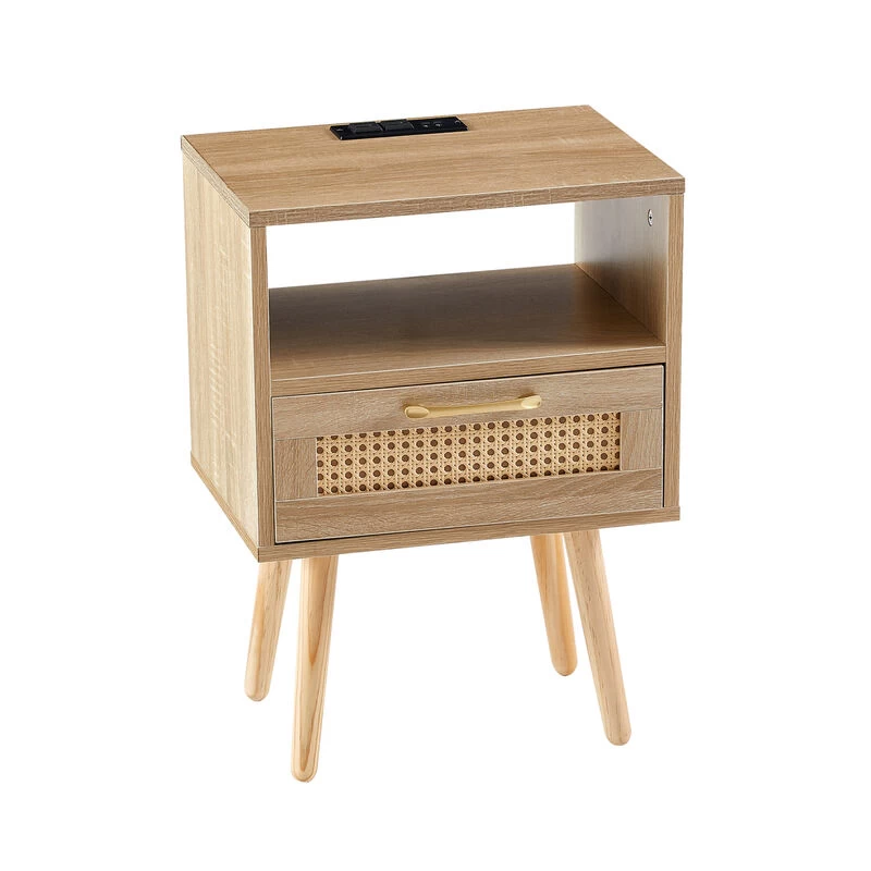 Rattan End Table With Power Outlet & USB Ports , Modern Nightstand With Drawer And Solid Wood Legs, Side Table For Living Roon, Bedroom,natural Natural 3 Rattan End Table With Power Outlet & USB Ports , Modern Nightstand With Drawer And Solid Wood Legs, Side Table For Living Roon, Bedroom,natural Natural