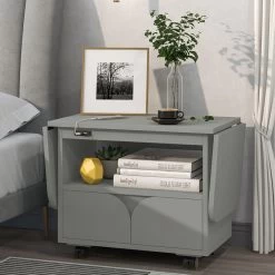 Foldable Bedroom Nightstand With 2 Drawers, USB Charging Design Gray -Bedroom Furniture Shop 1c13a71d140742f88f119b3f8c177dd5