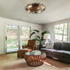 20 In. Low Profile Flush Mount Ceiling Fan Lights Wood Grain Modern Farmhouse Caged Ceiling Fan With Light For Bedroom