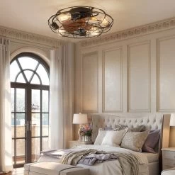 20 In. Low Profile Flush Mount Ceiling Fan Lights Wood Grain Modern Farmhouse Caged Ceiling Fan With Light For Bedroom -Bedroom Furniture Shop 20 in. Low Profile Flush Mount Ceiling Fan Lights Wood Grain Modern Farmhouse Caged Ceiling Fan with Light for Bedroom 3