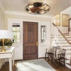 20 In. Low Profile Flush Mount Ceiling Fan Lights Wood Grain Modern Farmhouse Caged Ceiling Fan With Light For Bedroom -Bedroom Furniture Shop 20 in. Low Profile Flush Mount Ceiling Fan Lights Wood Grain Modern Farmhouse Caged Ceiling Fan with Light for Bedroom 4