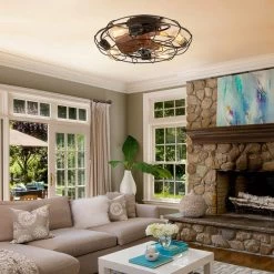 20 In. Low Profile Flush Mount Ceiling Fan Lights Wood Grain Modern Farmhouse Caged Ceiling Fan With Light For Bedroom -Bedroom Furniture Shop 20 in. Low Profile Flush Mount Ceiling Fan Lights Wood Grain Modern Farmhouse Caged Ceiling Fan with Light for Bedroom 5