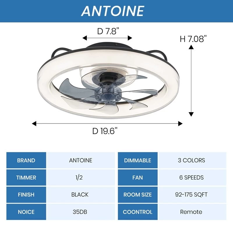 20 In. Black Modern Ceiling Fan With Light Low Profile LED Dimmable Indoor Flush Mount Ceiling Fan With Remote For Bedroom 6 20 In. Black Modern Ceiling Fan With Light Low Profile LED Dimmable Indoor Flush Mount Ceiling Fan With Remote For Bedroom - Image 4