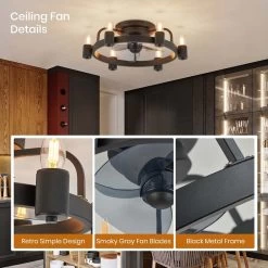 20 In. Modern Farmhouse Flush Mount Ceiling Fan Light With Remote Black 6-Light LED Low Profile Ceiling Fan For Bedroom -Bedroom Furniture Shop 20 in. Modern Farmhouse Ceiling Fan with Light Black Low Profile FLush Mount Ceiling Light with Remote for Bedroom 8
