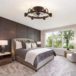 20 In. Modern Farmhouse Flush Mount Ceiling Fan Light With Remote Black 6-Light LED Low Profile Ceiling Fan For Bedroom -Bedroom Furniture Shop 20 in. Modern Farmhouse Ceiling Fan with Light Black Low Profile FLush Mount Ceiling Light with Remote for Bedroom 9