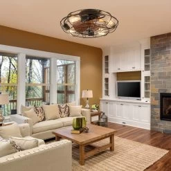 20 In. Low Profile Flush Mount Ceiling Fan Lights Wood Grain Modern Farmhouse Caged Ceiling Fan With Light For Bedroom -Bedroom Furniture Shop 20 in. Wood Grain and Black Ceiling Fan Low Profile Flush Mount Ceiling Fan Modern Farmhouse Caged Ceiling Fan for Bedroom