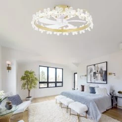 20" Golden Crystal Flowers Ceiling Fan With LED Kit 3 Color Tone 6 Fan Speed App Control And Remote Control Bedroom Ceiling Fan -Bedroom Furniture Shop 2022 Golden Crystal Flowers Ceiling Fan with LED Kit 3 Color Tone 6 Fan Speed App Control and Remote Control Bedroom Ceiling Fan 2