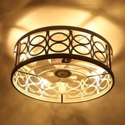 20" Vintage Cream White Caged Light Ceiling Fan, Flush Mount Drum Shaped Classic Ceiling Fan For Bedroom