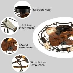 20 In. Low Profile Flush Mount Ceiling Fan Lights Wood Grain Modern Farmhouse Caged Ceiling Fan With Light For Bedroom -Bedroom Furniture Shop 21 in. Caged Ceiling Fan with Lights Remote2C Low Profile Flush Mount Ceiling Fan2C Industrial Black Ceiling Fan for Bedroom