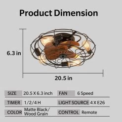 20 In. Low Profile Flush Mount Ceiling Fan Lights Wood Grain Modern Farmhouse Caged Ceiling Fan With Light For Bedroom -Bedroom Furniture Shop 21 in. Caged Ceiling Fan with Lights Remote2C Low Profile Flush Mount Ceiling Fan2C Industrial Black Ceiling Fan for Bedroom 3