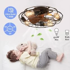 20 In. Low Profile Flush Mount Ceiling Fan Lights Wood Grain Modern Farmhouse Caged Ceiling Fan With Light For Bedroom -Bedroom Furniture Shop 21 in. Caged Ceiling Fan with Lights Remote2C Low Profile Flush Mount Ceiling Fan2C Industrial Black Ceiling Fan for Bedroom 5
