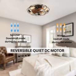 20 In. Low Profile Flush Mount Ceiling Fan Lights Wood Grain Modern Farmhouse Caged Ceiling Fan With Light For Bedroom -Bedroom Furniture Shop 21 in. Caged Ceiling Fan with Lights Remote2C Low Profile Flush Mount Ceiling Fan2C Industrial Black Ceiling Fan for Bedroom 6