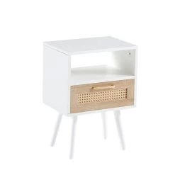 Rattan End Table With Drawer And Solid Wood Legs, Modern Nightstand, Side Table For Living Roon, Bedroom, White White -Bedroom Furniture Shop 22f527b636e94467b4830a3378f932d3