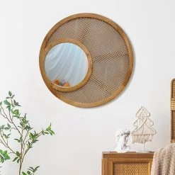 27.6" Boho Round Natural Wood & Rattan Wall Mirror Decor Art For Living Room Bedroom -Bedroom Furniture Shop 2774f6c9ccd3f1c4791dc6c7ad02b4a3