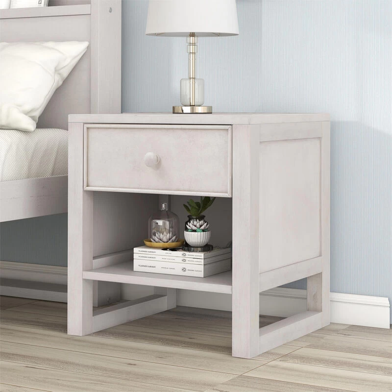 Wooden Nightstand With A Drawer And An Open Storage, End Table For Bedroom, Antique Gray White 4 Wooden Nightstand With A Drawer And An Open Storage, End Table For Bedroom, Antique Gray White - Image 2