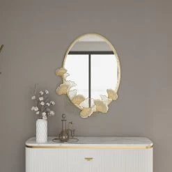 33.9" Glam Oval Wall Mirror Hollow-out Ginkgo Leaves In Gold Metal Frame For Bedroom -Bedroom Furniture Shop 2a2825c3fb44d61db71c6ded0aee20dd