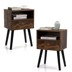 Set Of 2 Mid Century Nightstand, Side Table With Drawer And Shelf, End Table For Living Room Bedroom, Rustic Brown Brown