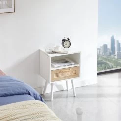 Rattan End Table With Drawer And Solid Wood Legs, Modern Nightstand, Side Table For Living Roon, Bedroom, White White -Bedroom Furniture Shop 2e0624673d6741aca7c630064e7f2b8d