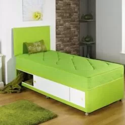 Kids Single Lime Green Divan Bed With Storage Options + Tufted Spring Mattress
