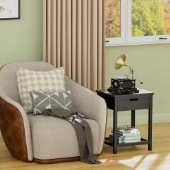 Nightstand, Bedside Table With Drawer, Square End Table, Bamboo Side Table For Bedroom, Living Room, Small Space, Modern Night Stand With Open Shelf, Set Of 1, Black -Bedroom Furniture Shop 38054b356b154f708e3d1a10119c8162