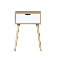Side Table With 1 Drawer And Rubber Wood Legs, Mid-Century Modern Storage Cabinet For Bedroom Living Room Furniture, White With Solid Wood Color Natural -Bedroom Furniture Shop 3c7d714daf9d41b48c1a711d0d80ee5b