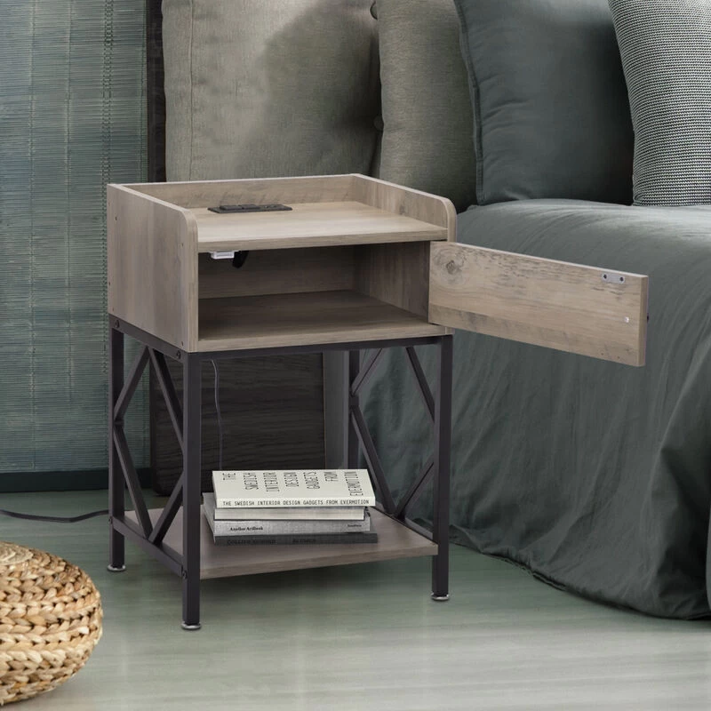 Set Of 2 Wood Nightstand, Farmhouse End Table With Charging Station, USB Ports, Cabinet, And Shelf, Sofa Bedside Table For Bedroom Living Room, Adjustable Foot Pads, Rustic Gray Gray 4 Set Of 2 Wood Nightstand, Farmhouse End Table With Charging Station, USB Ports, Cabinet, And Shelf, Sofa Bedside Table For Bedroom Living Room, Adjustable Foot Pads, Rustic Gray Gray - Image 2
