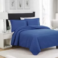 RT Designers Collection Ruby 3pc Pinsonic High Quality All Season Quilt Set For Revitalize Bedroom Queen Blue Blue