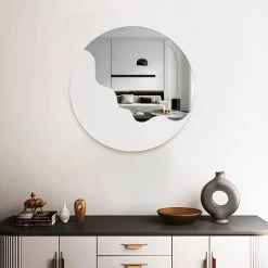 23.6" Round White Japandi Wave Textured Wall Mirror Decor Art Living Room Bedroom -Bedroom Furniture Shop 4ab524c625f06d8acbfb32721a539fff