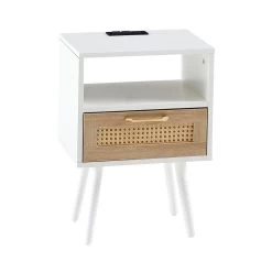 Rattan End Table With Power Outlet & USB Ports , Modern Nightstand With Drawer And Solid Wood Legs, Side Table For Living Roon, Bedroom, White White