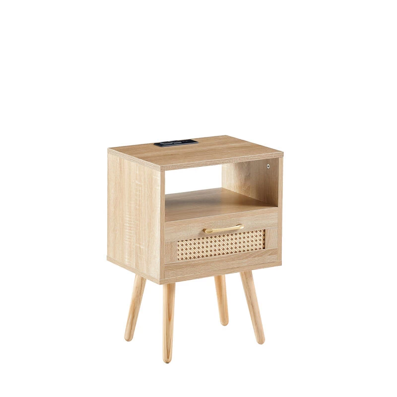Rattan End Table With Power Outlet & USB Ports , Modern Nightstand With Drawer And Solid Wood Legs, Side Table For Living Roon, Bedroom,natural Natural 8 Rattan End Table With Power Outlet & USB Ports , Modern Nightstand With Drawer And Solid Wood Legs, Side Table For Living Roon, Bedroom,natural Natural - Image 6
