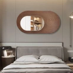 37.4" Large Brown Oval Wall Mirror Decor With Circle Texture Frame Living Room Bedroom -Bedroom Furniture Shop 5597116395156bac041133f67f3a6ce5