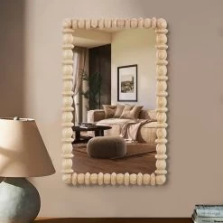 32.1" Boho Large Rectangle Wooden Beads Wall Mirror For Living Room Bedroom In Natural
