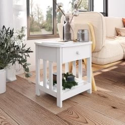 Mission Side Table, 1 Drawer Bedside Table With A Shelve Solid Wood Structure In White Paint Spray, Wooden Nightstand For Bedroom End Table For Living Room, Small Table- White -Bedroom Furniture Shop 5bce42aaa53a4553b7c0198e92743fb4