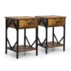 Set Of 2 Nightstand Industrial End Table With Drawer, Storage Shelf And Metal Frame For Living Room, Bedroom, Rustic Brown Black Brown -Bedroom Furniture Shop 5ea16d055cee4867bb6f2e677ae36678