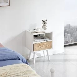 Rattan End Table With Power Outlet & USB Ports , Modern Nightstand With Drawer And Solid Wood Legs, Side Table For Living Roon, Bedroom, White White -Bedroom Furniture Shop 6035cc3431dc405a903c1e1705a45db2
