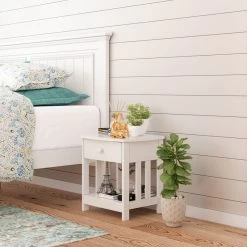 Mission Side Table, 1 Drawer Bedside Table With A Shelve Solid Wood Structure In White Paint Spray, Wooden Nightstand For Bedroom End Table For Living Room, Small Table- White -Bedroom Furniture Shop 6039aabdd17e4b07ac0c41e1484019ff