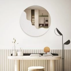 23.6" Round White Japandi Wave Textured Wall Mirror Decor Art Living Room Bedroom -Bedroom Furniture Shop 64643dfa0a6e2e632008692476f0f3e8