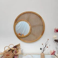 27.6" Boho Round Natural Wood & Rattan Wall Mirror Decor Art For Living Room Bedroom -Bedroom Furniture Shop 6489cb32ea373a44e53831493834976a