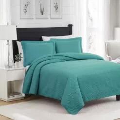 RT Designers Collection Ruby 3pc Pinsonic High Quality All Season Quilt Set For Revitalize Bedroom Queen Turquoise Turquoise