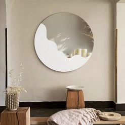 23.6" Round White Japandi Wave Textured Wall Mirror Decor Art Living Room Bedroom